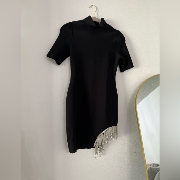 Black Mock-Neck Bandage Bodycon Mini Dress with Rhinestone detail on right side - Picture 8 of 11